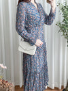 [限量現貨回歸]   Blue Flower Dress V領藍調花布遮肉皺皺布連身裙/ DS9740