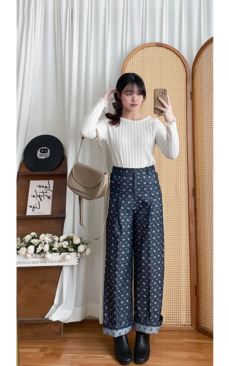 Floral Pattern Pants 花束印花牛仔色西褲/ PT8439