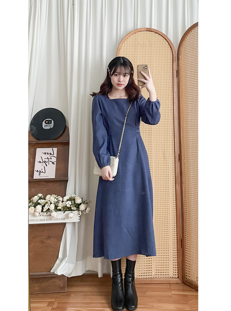 ! 熱賣款式 限量現貨 ✨Square Collar Dress 紫藍色方領口左右帶子修腰連身裙/ DS9747