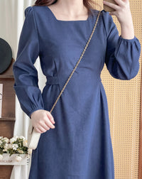 ! 熱賣款式 限量現貨 ✨Square Collar Dress 紫藍色方領口左右帶子修腰連身裙/ DS9747