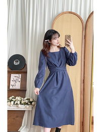 ! 熱賣款式 限量現貨 ✨Square Collar Dress 紫藍色方領口左右帶子修腰連身裙/ DS9747
