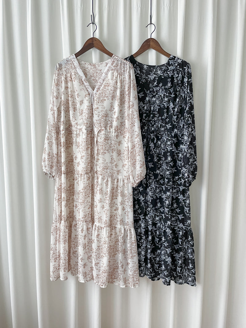 Alice Floral Dress 水彩印花疊V領雪紡層次連身裙/ DS1002 (pre-order white)