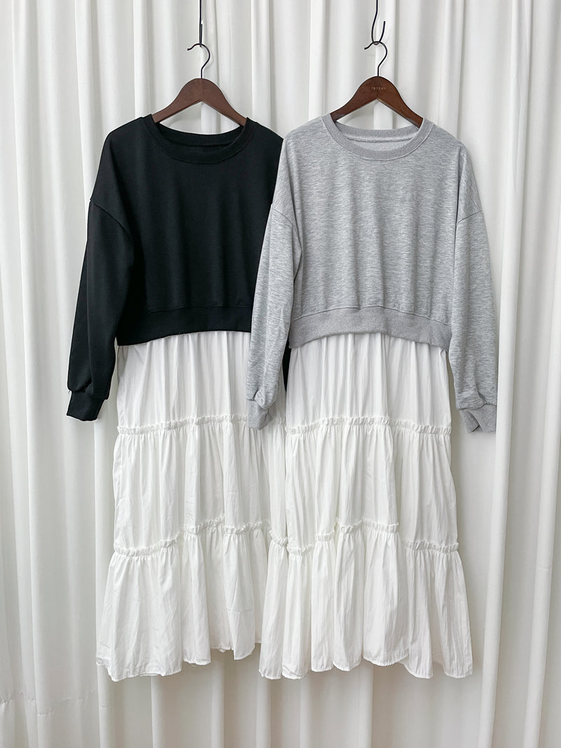 Sweater Elegant OPS 假兩件衛衣X傘裙設計連身裙/ DS1006