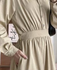 Beige Dress 杏色單排鈕扣後橡筋口袋恤衫裙/ DS9721