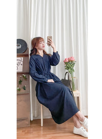 Navy Moon Dress V領光澤深藍寬鬆修腰連身裙/ DS9739