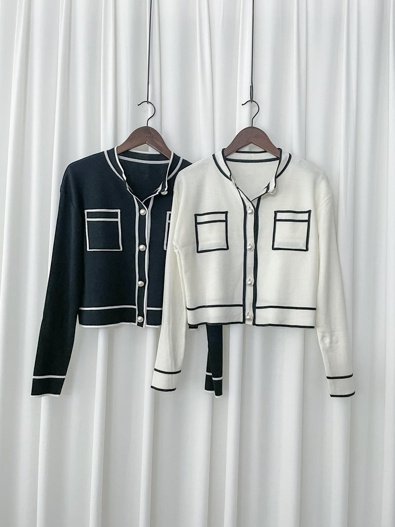Coco Pearl Cardigan & Top 光澤珍珠鈕白黑滾邊外套或上衣 /TP9192