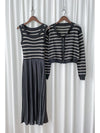 Stripe Dress Set 法式舒適防毛彈性線料外套及百褶連身裙/ SE8092 （pre-order)