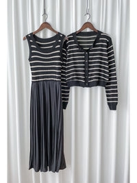 Stripe Dress Set 法式舒適防毛彈性線料外套及百褶連身裙/ SE8092 （pre-order)