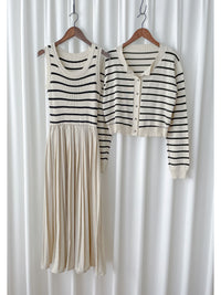 Stripe Dress Set 法式舒適防毛彈性線料外套及百褶連身裙/ SE8092 （pre-order)