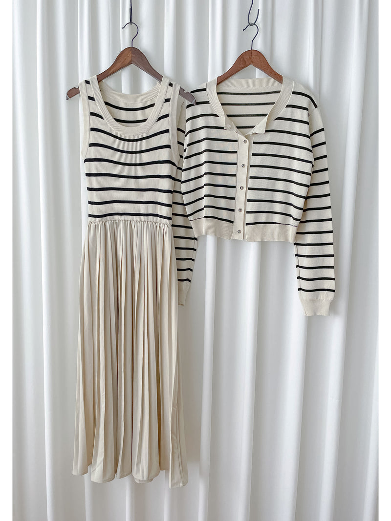 Stripe Dress Set 法式舒適防毛彈性線料外套及百褶連身裙/ SE8092 （pre-order)