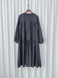 French Stripe Dress 全裡布藍灰色法式直紋綁帶連身裙/ DS1018 (韓國已停售)