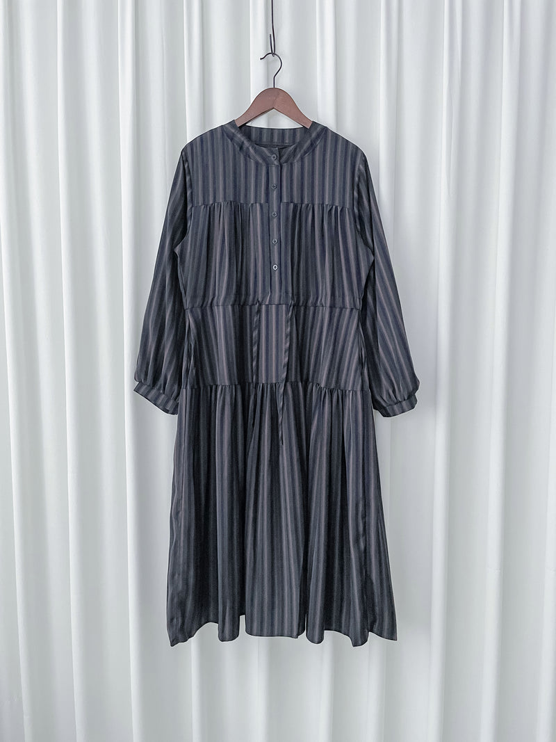 French Stripe Dress 全裡布藍灰色法式直紋綁帶連身裙/ DS1018 (韓國已停售)