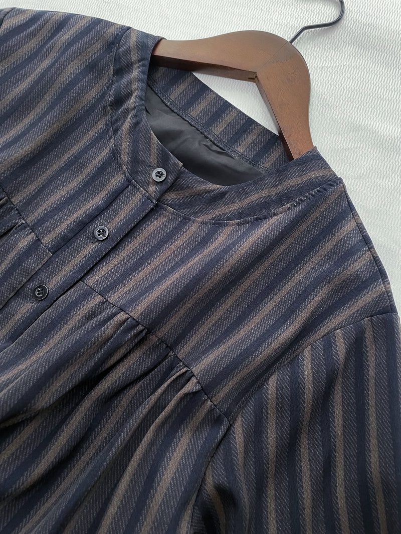 French Stripe Dress 全裡布藍灰色法式直紋綁帶連身裙/ DS1018 (韓國已停售)