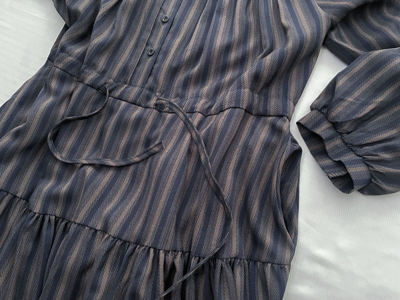 French Stripe Dress 全裡布藍灰色法式直紋綁帶連身裙/ DS1018 (韓國已停售)