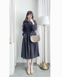 French Stripe Dress 全裡布藍灰色法式直紋綁帶連身裙/ DS1018 (韓國已停售)