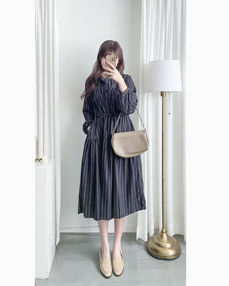French Stripe Dress 全裡布藍灰色法式直紋綁帶連身裙/ DS1018 (韓國已停售)