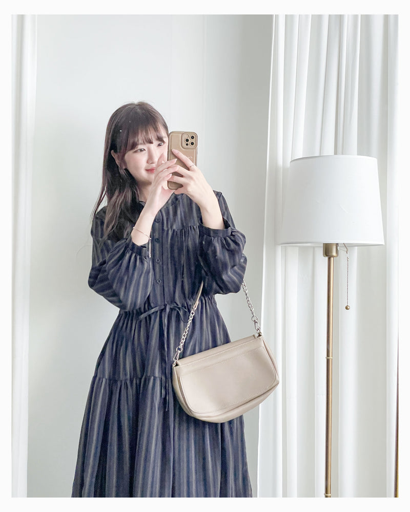 French Stripe Dress 全裡布藍灰色法式直紋綁帶連身裙/ DS1018 (韓國已停售)