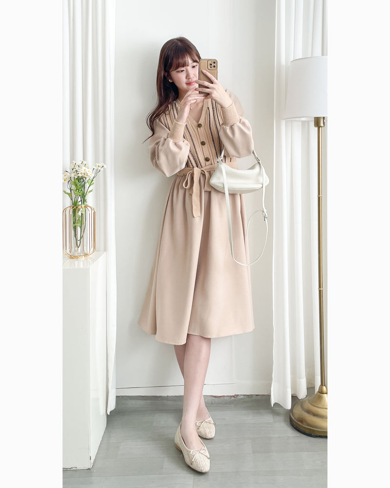 Vest Dress 精緻仿鈕扣條紋背心假兩件連身裙/ DS1026 (pre-order 11月24截單)