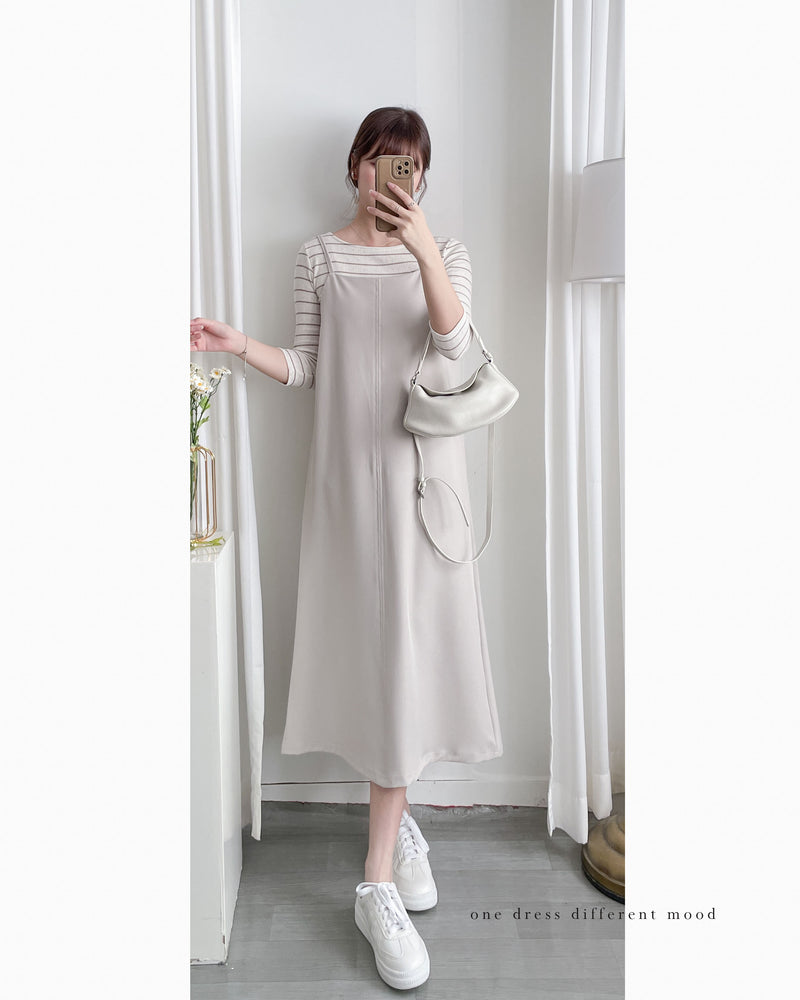 Vest Dress 可拆式腰帶中車線平領吊帶連身裙/ DS1017 (pre-order ivory 11月24截單)
