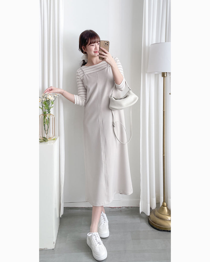 Vest Dress 可拆式腰帶中車線平領吊帶連身裙/ DS1017 (pre-order ivory 11月24截單)