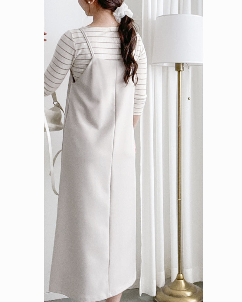 Vest Dress 可拆式腰帶中車線平領吊帶連身裙/ DS1017 (pre-order ivory 11月24截單)