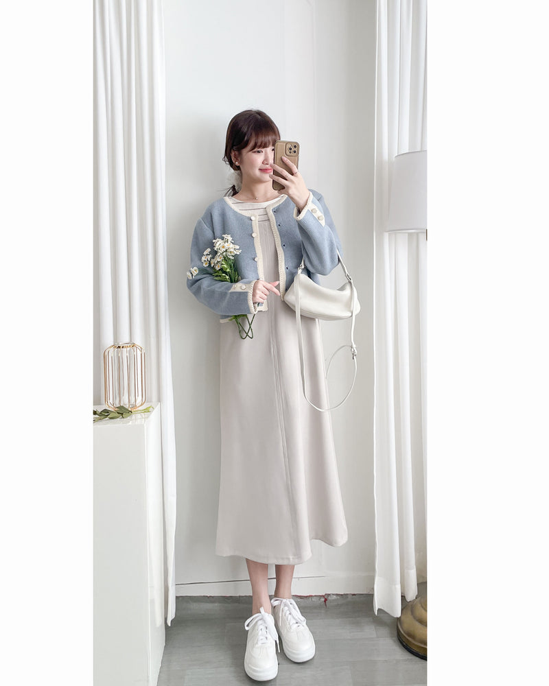 Vest Dress 可拆式腰帶中車線平領吊帶連身裙/ DS1017 (pre-order ivory 11月24截單)