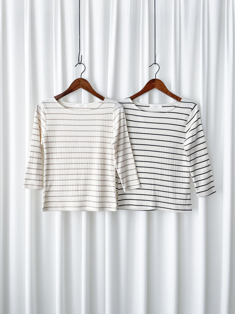 Floral Stripe Top 法式橫條紋花形小洞舒適上衣/ TP9190