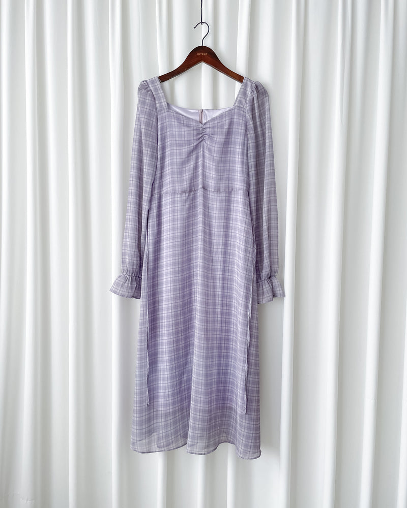 Lavender Check Dress 薰衣草方領格紋顯腰連身裙/ DS1020
