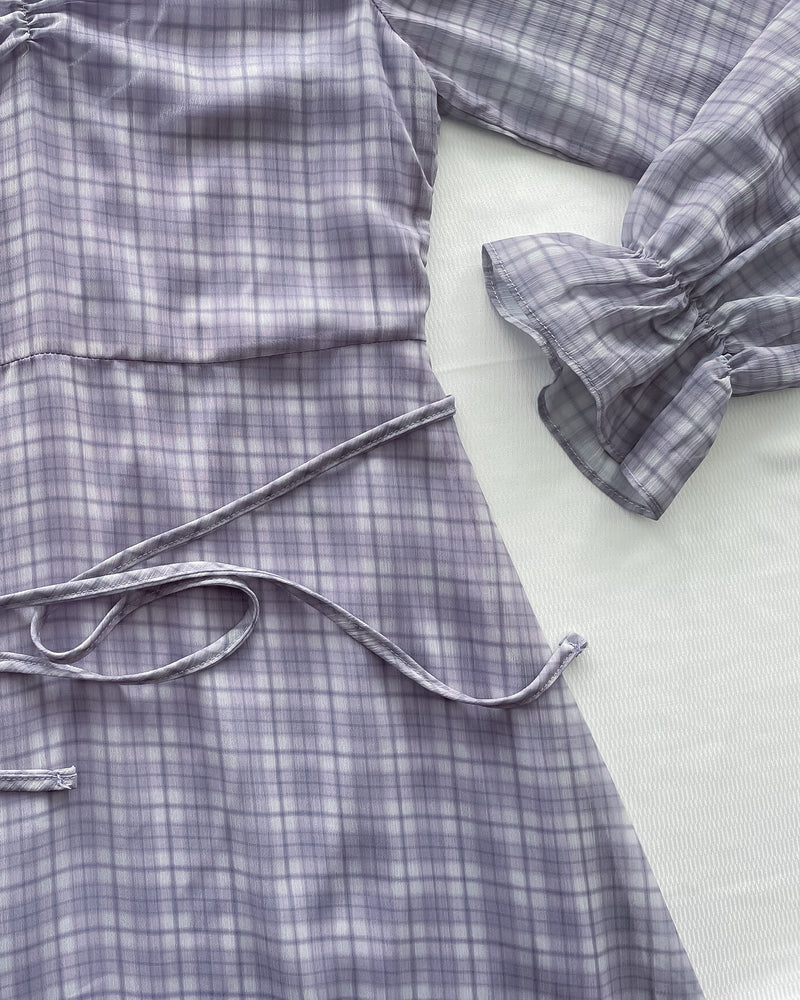 Lavender Check Dress 薰衣草方領格紋顯腰連身裙/ DS1020