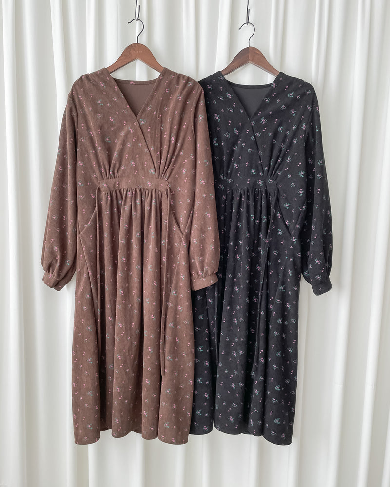 Floral Dress 燈芯絨印花顯腿長弧腰連身裙/ DS1024 (pre-order 11月24截單)