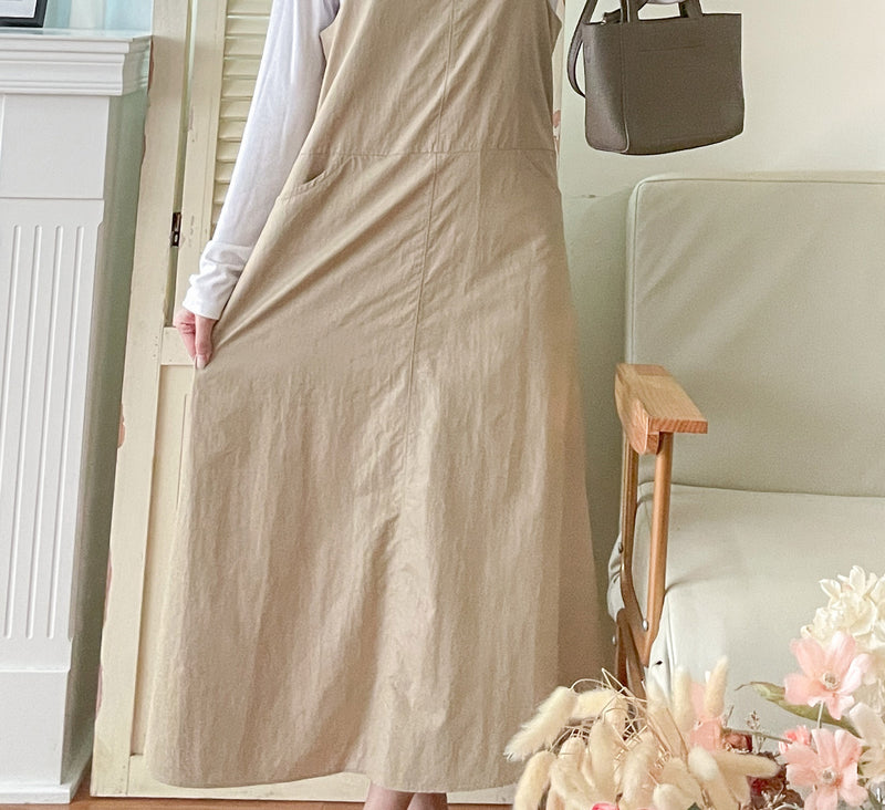 Casual Elegant Vest Dress 輕盈隨性感杏色仿皮吊帶裙/ DS9756