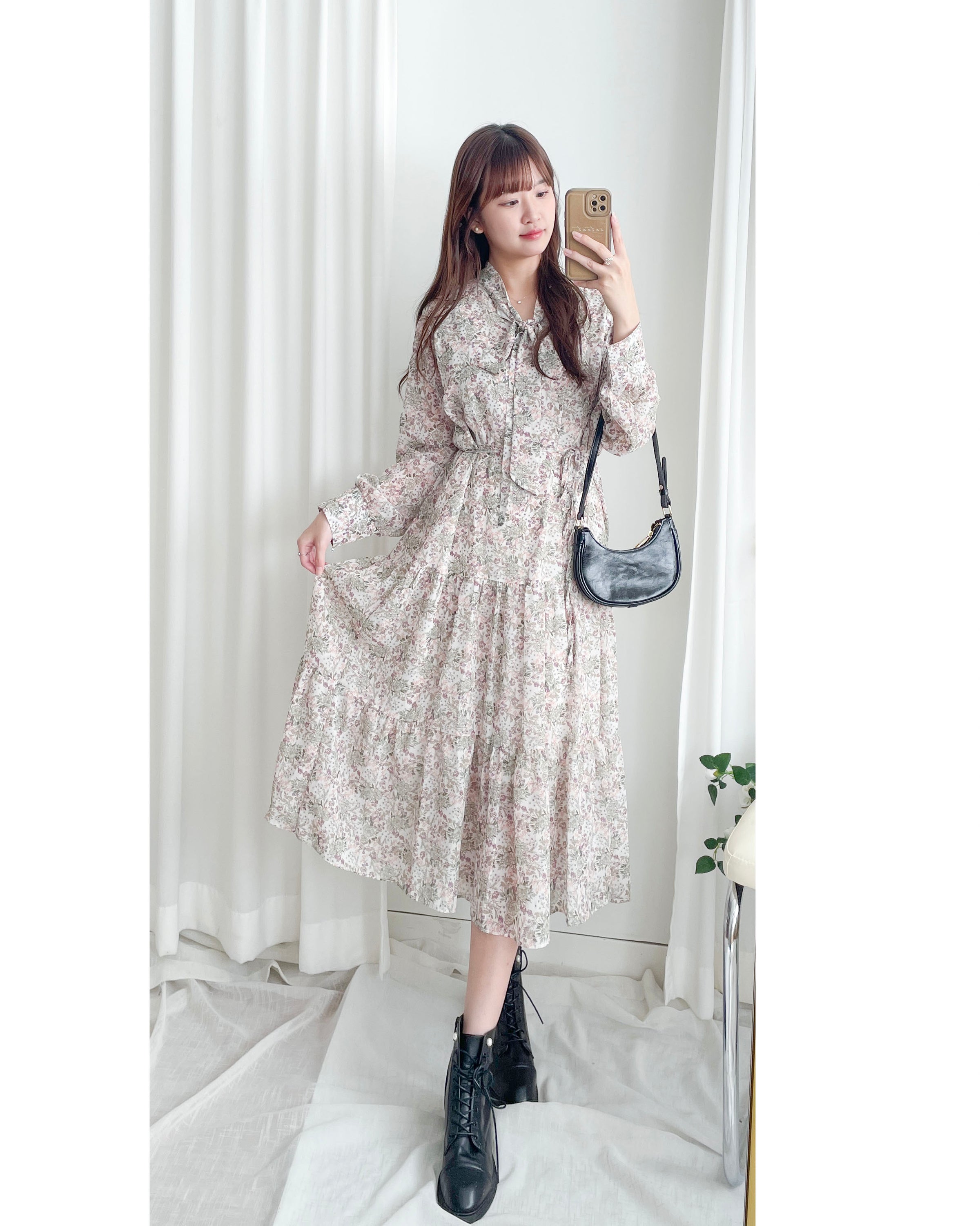 Floral Dress 雪紡碎花領口綁帶連身裙 / DS1028