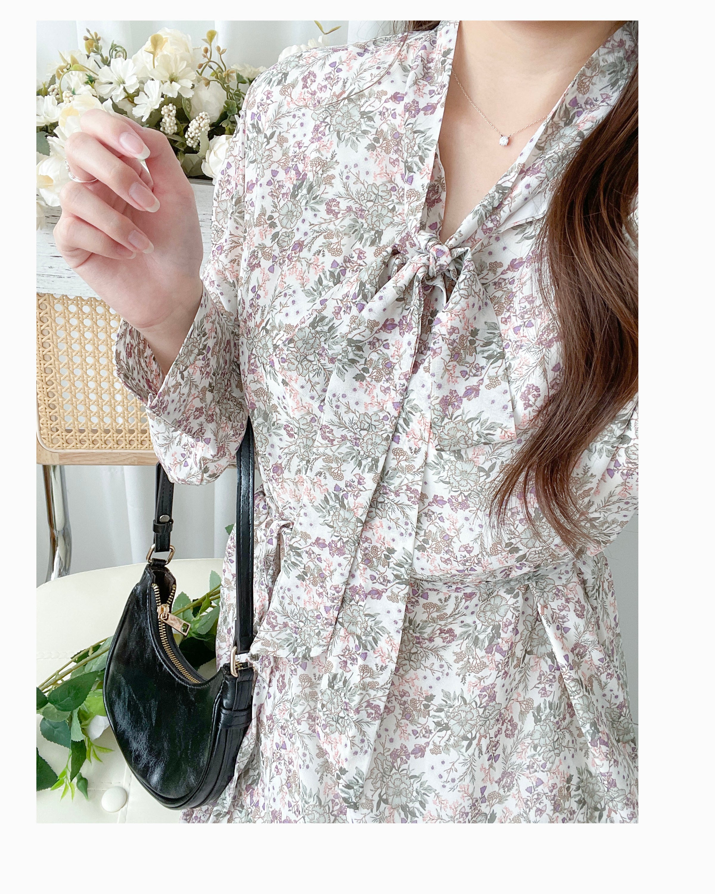 Floral Dress 雪紡碎花領口綁帶連身裙 / DS1028