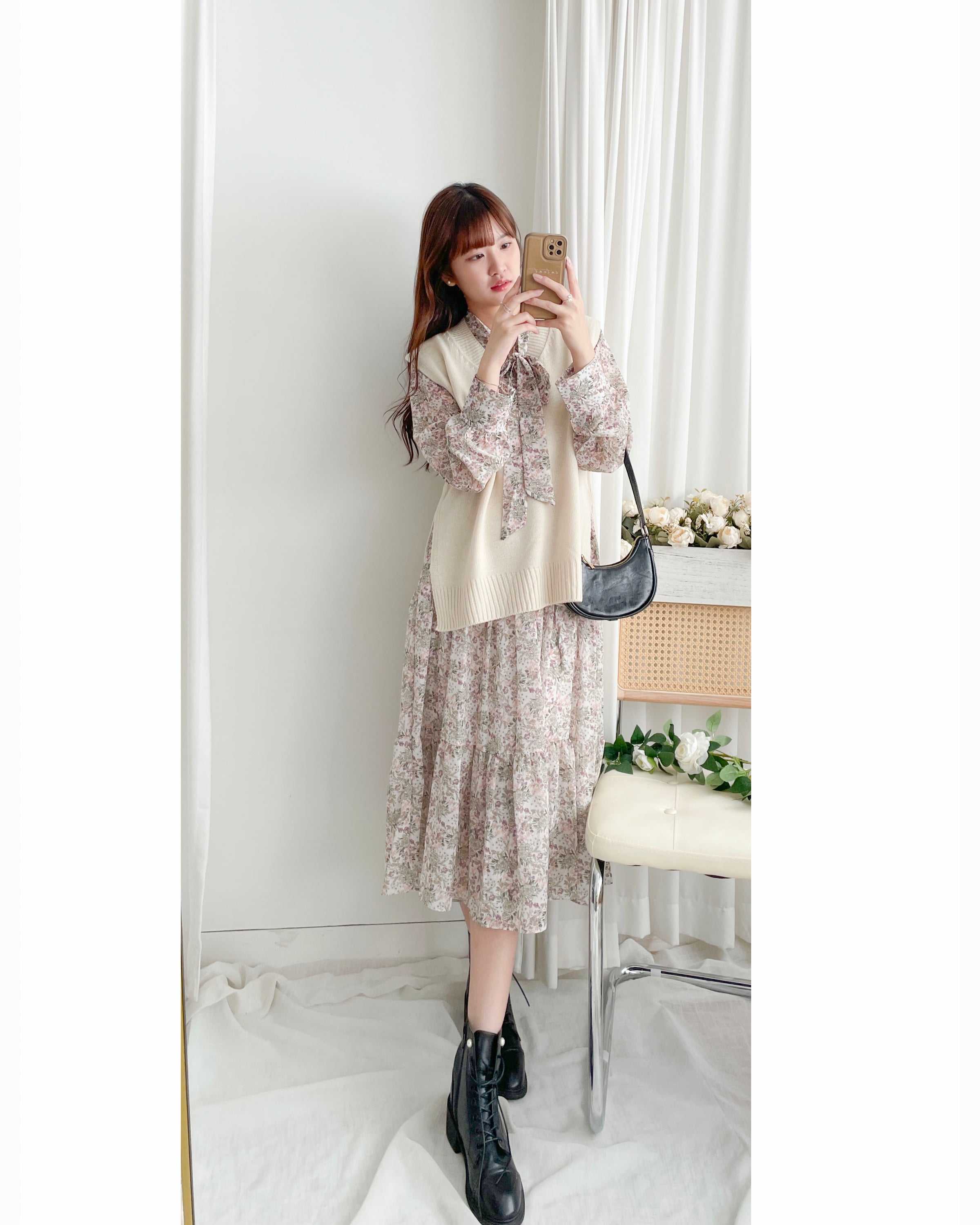 Floral Dress 雪紡碎花領口綁帶連身裙 / DS1028