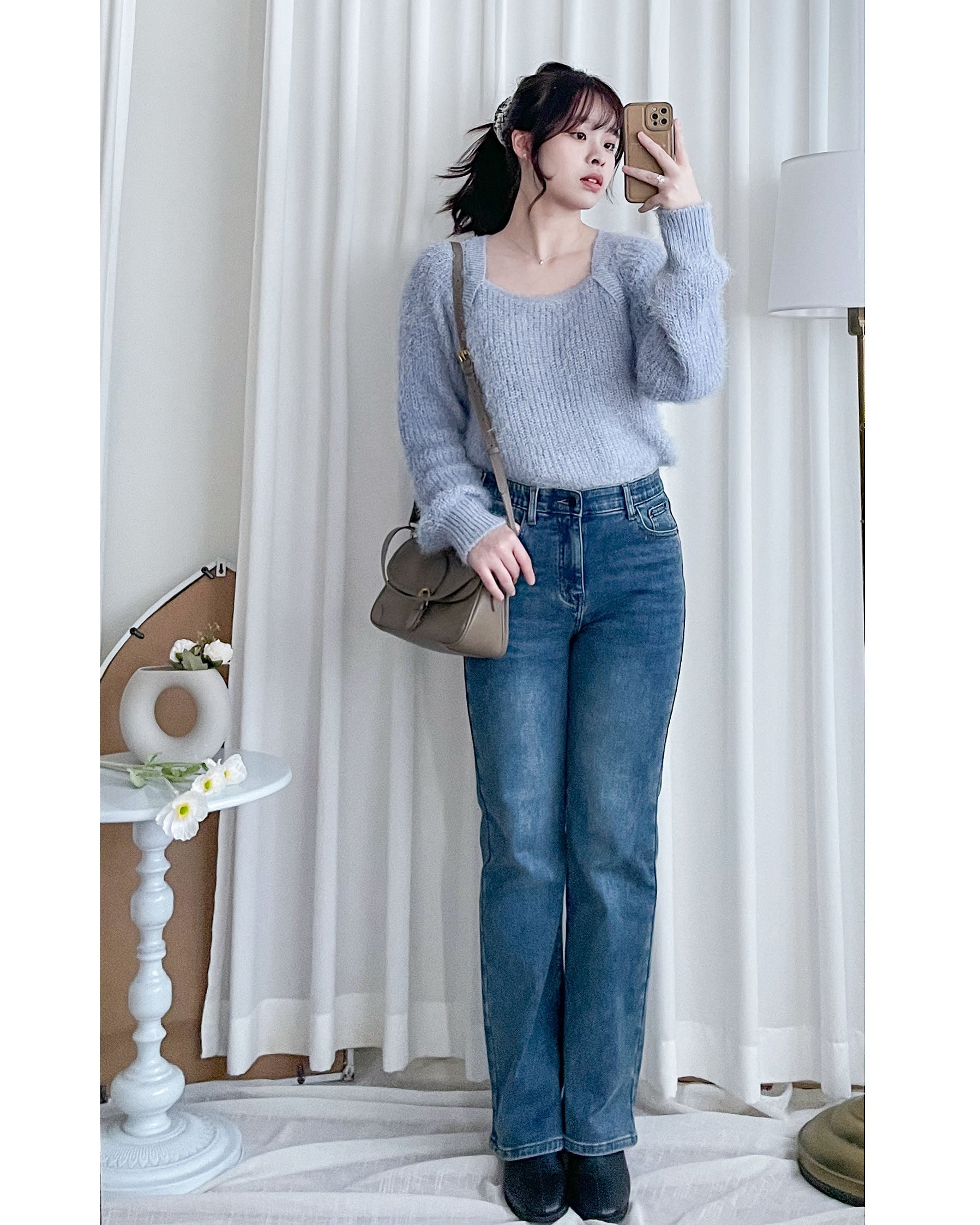 Winter Slim Jeans 高彈力內加絨保暖直筒牛仔褲/ PT8474