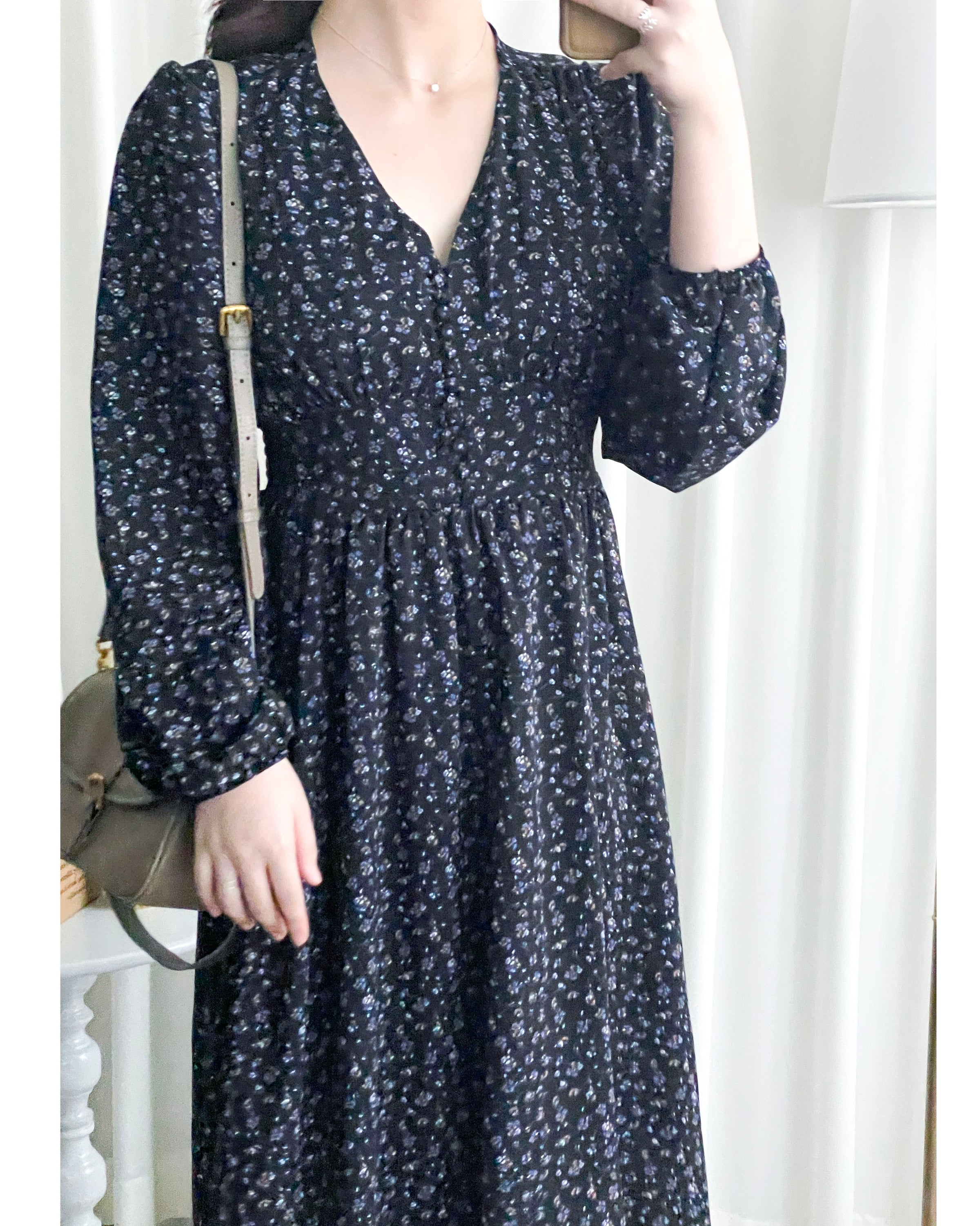 French Floral Button Dress 法式V領單色印花顯瘦腰封連身裙/ DS1060 (White Soldout)