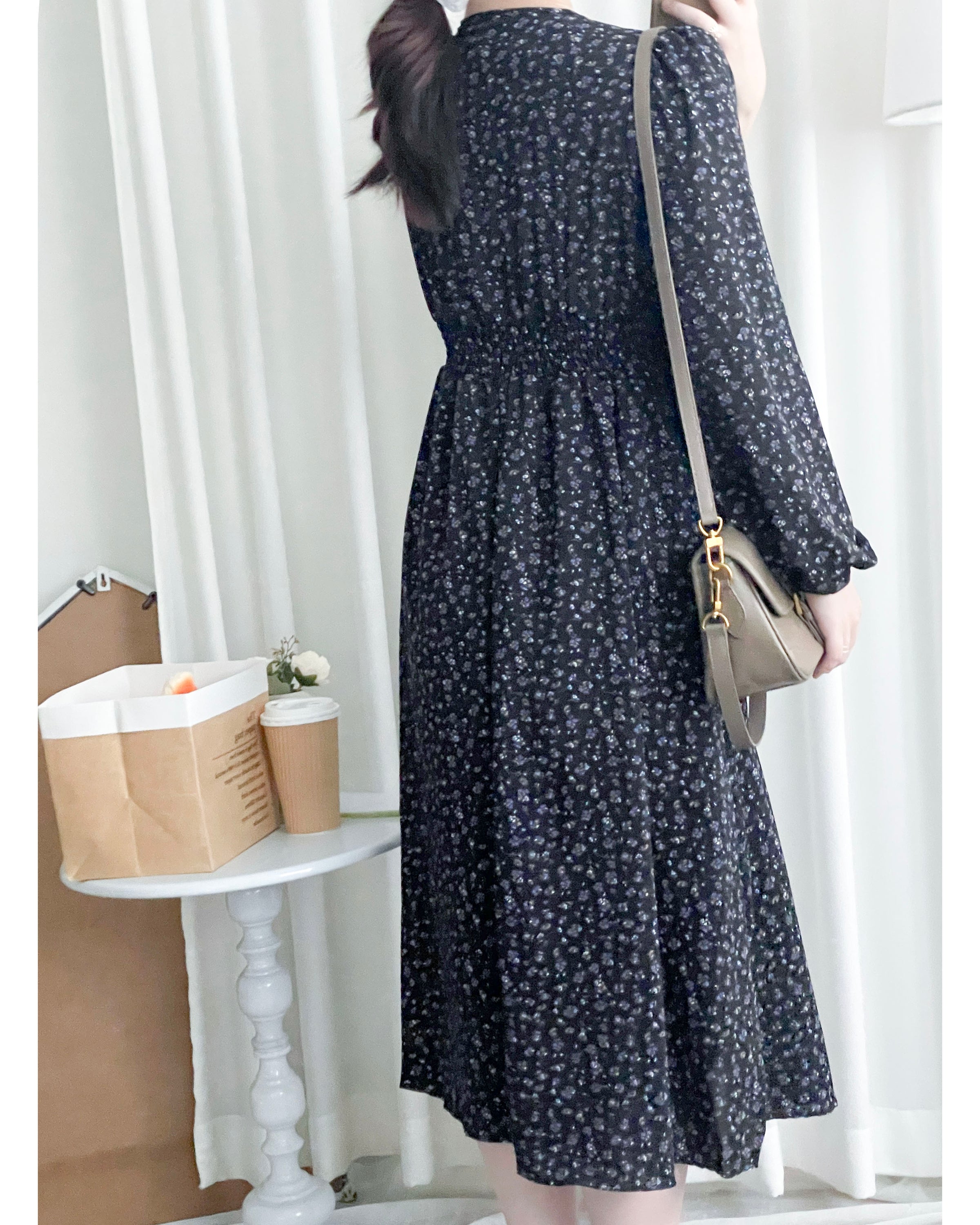 French Floral Button Dress 法式V領單色印花顯瘦腰封連身裙/ DS1060 (White Soldout)