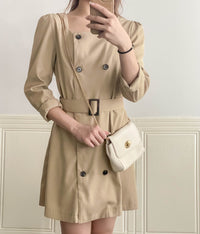 Trench 方領風衣雙排鈕雲石腰帶連身裙, Dress/ DS9333 （navy sold out)