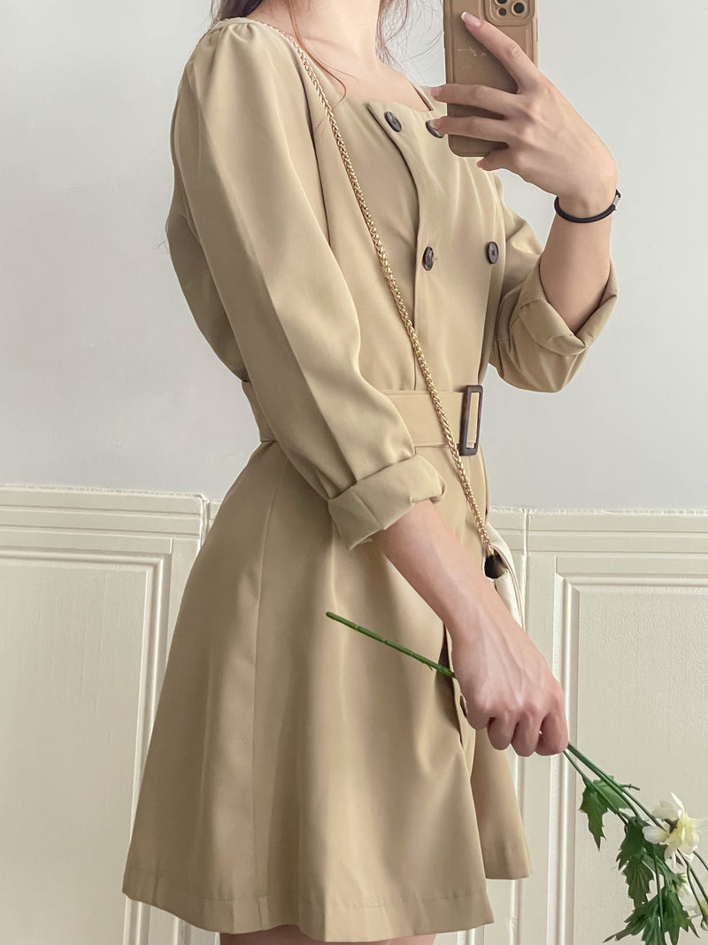 Trench 方領風衣雙排鈕雲石腰帶連身裙, Dress/ DS9333 （navy sold out)
