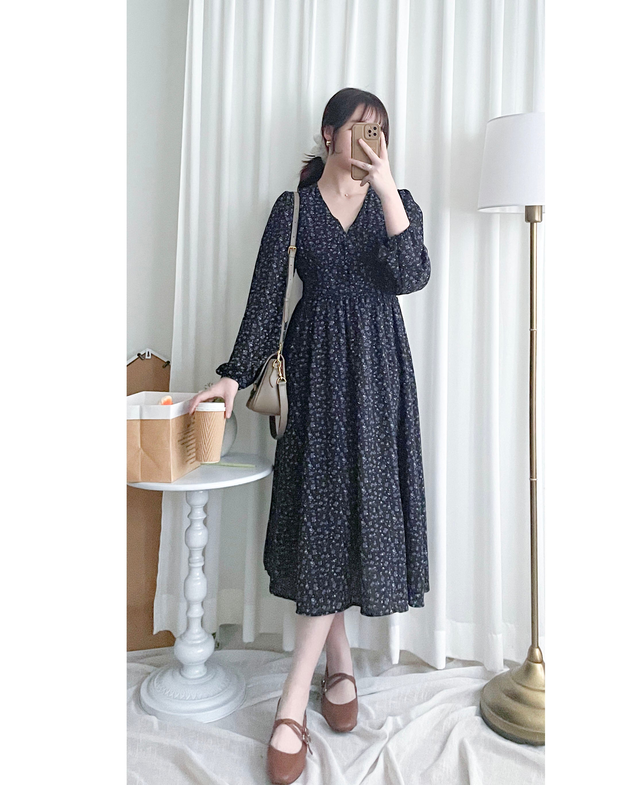 French Floral Button Dress 法式V領單色印花顯瘦腰封連身裙/ DS1060 (White Soldout)