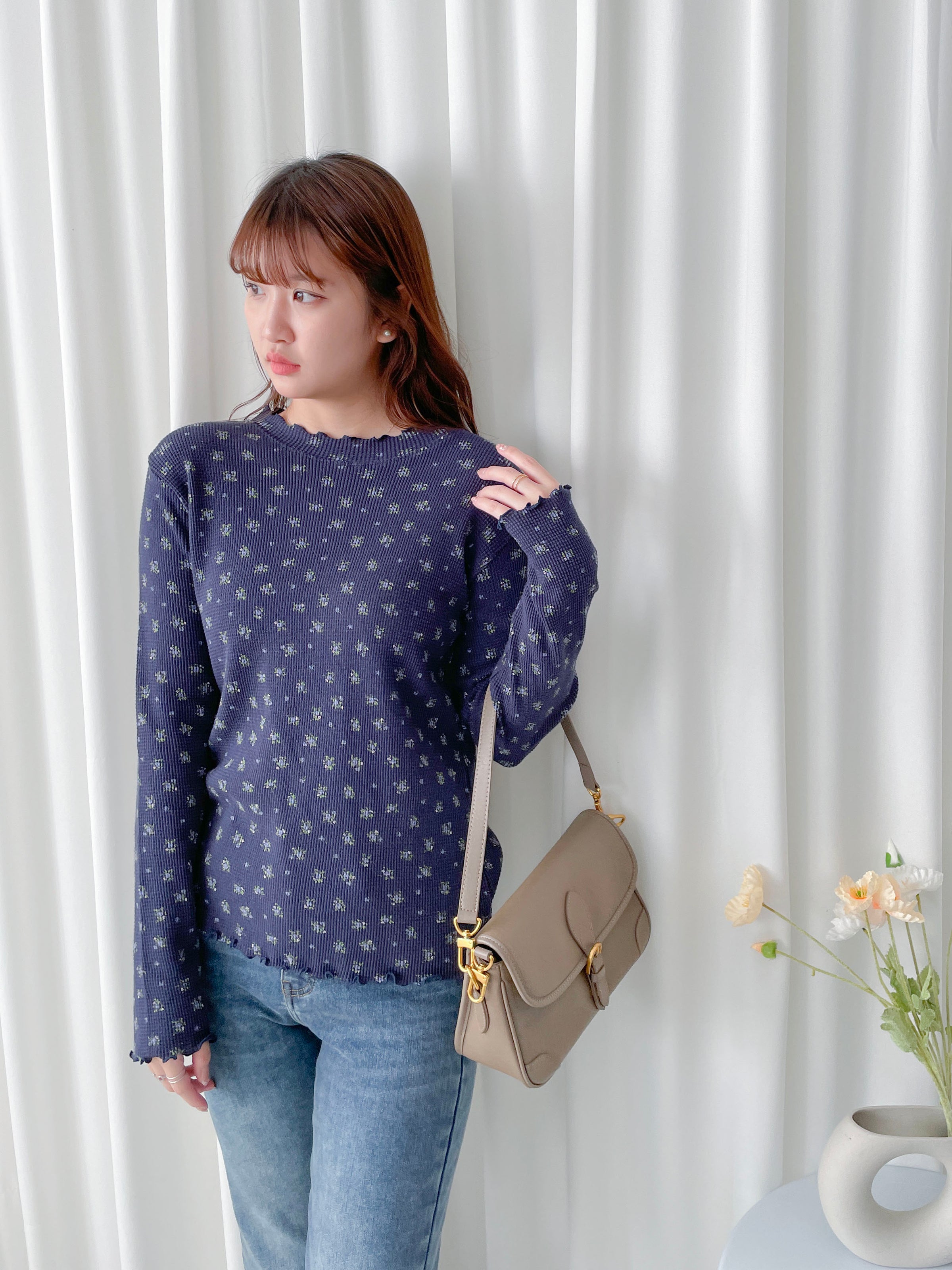 Waffle Floral Top 碎花暗格木耳邊上衣 / TP9204 (pre-order navy 1月25截單)