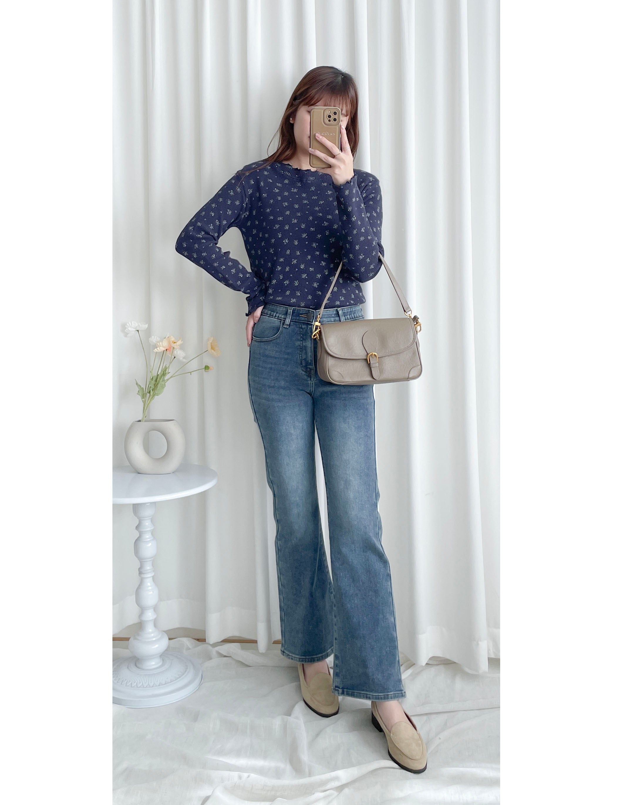 Waffle Floral Top 碎花暗格木耳邊上衣 / TP9204 (pre-order navy 1月25截單)