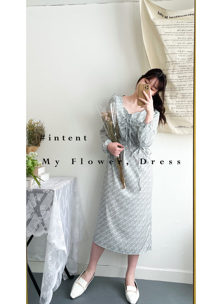 My Flowers 清新優雅法式多邊領口花枝印花修腰, Dress/ DS9437