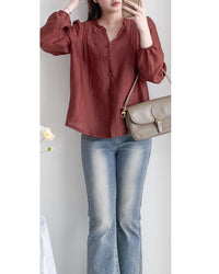BrickRed Ruffle V Blouse 磚紅立體壓褶 V領荷葉邊襯衫/ BU9129