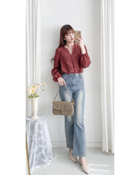 BrickRed Ruffle V Blouse 磚紅立體壓褶 V領荷葉邊襯衫/ BU9129
