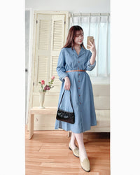RoseGold Belt Denim Dress 玫瑰金飾扣腰帶輕復古翻領牛仔連身裙/ DS1087