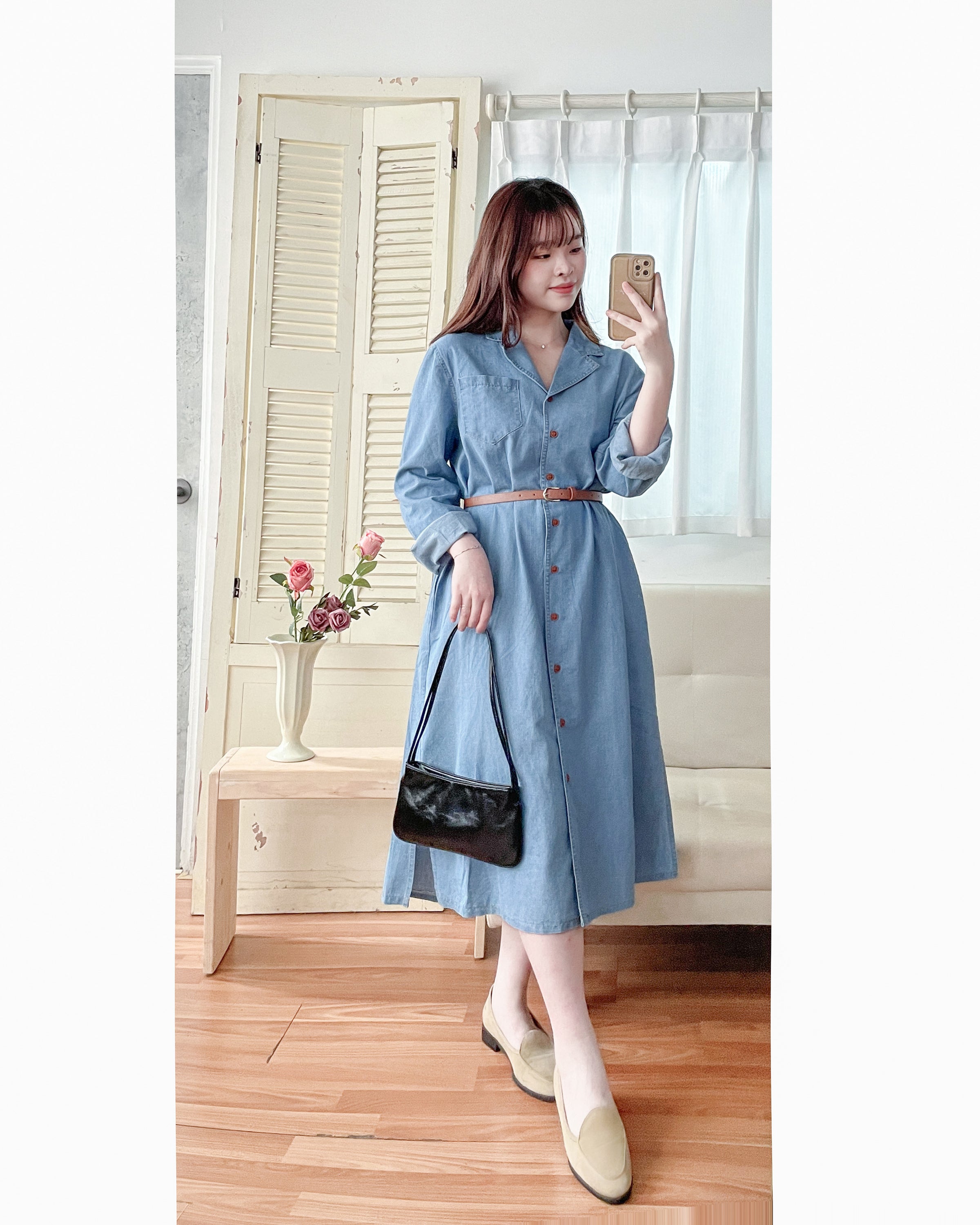 RoseGold Belt Denim Dress 玫瑰金飾扣腰帶輕復古翻領牛仔連身裙/ DS1087