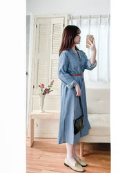 RoseGold Belt Denim Dress 玫瑰金飾扣腰帶輕復古翻領牛仔連身裙/ DS1087