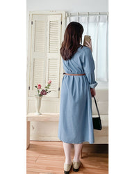 RoseGold Belt Denim Dress 玫瑰金飾扣腰帶輕復古翻領牛仔連身裙/ DS1087