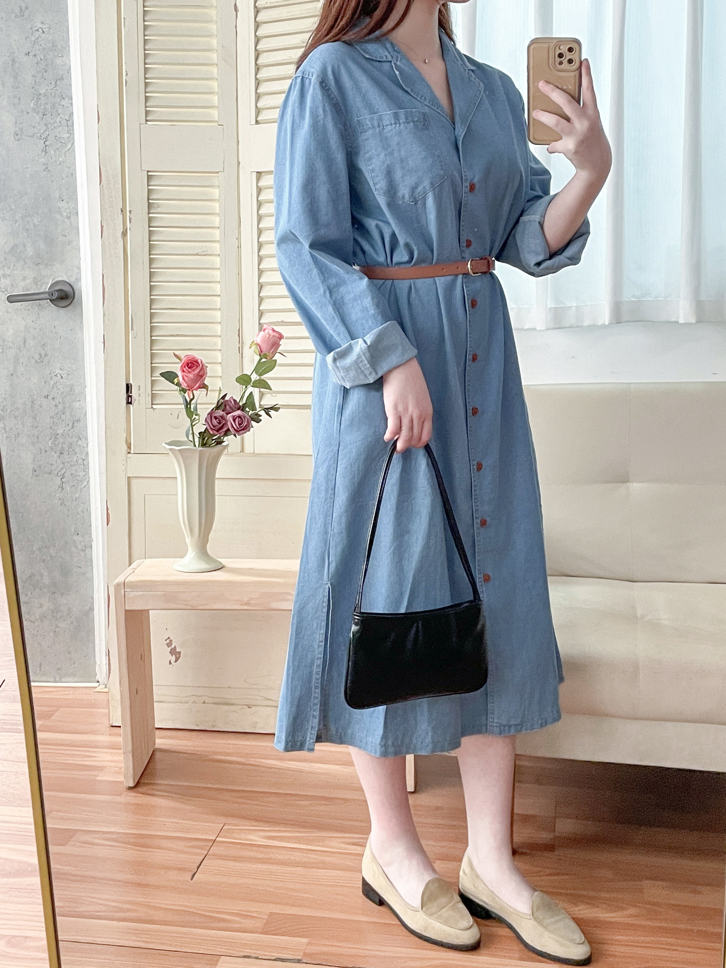 RoseGold Belt Denim Dress 玫瑰金飾扣腰帶輕復古翻領牛仔連身裙/ DS1087